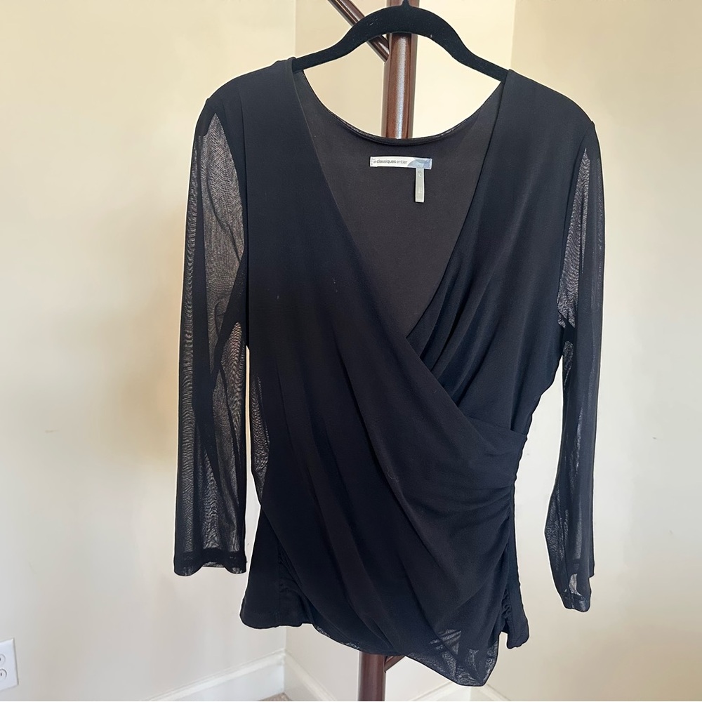 Black Stretchy Mesh Top with Wrap Effect